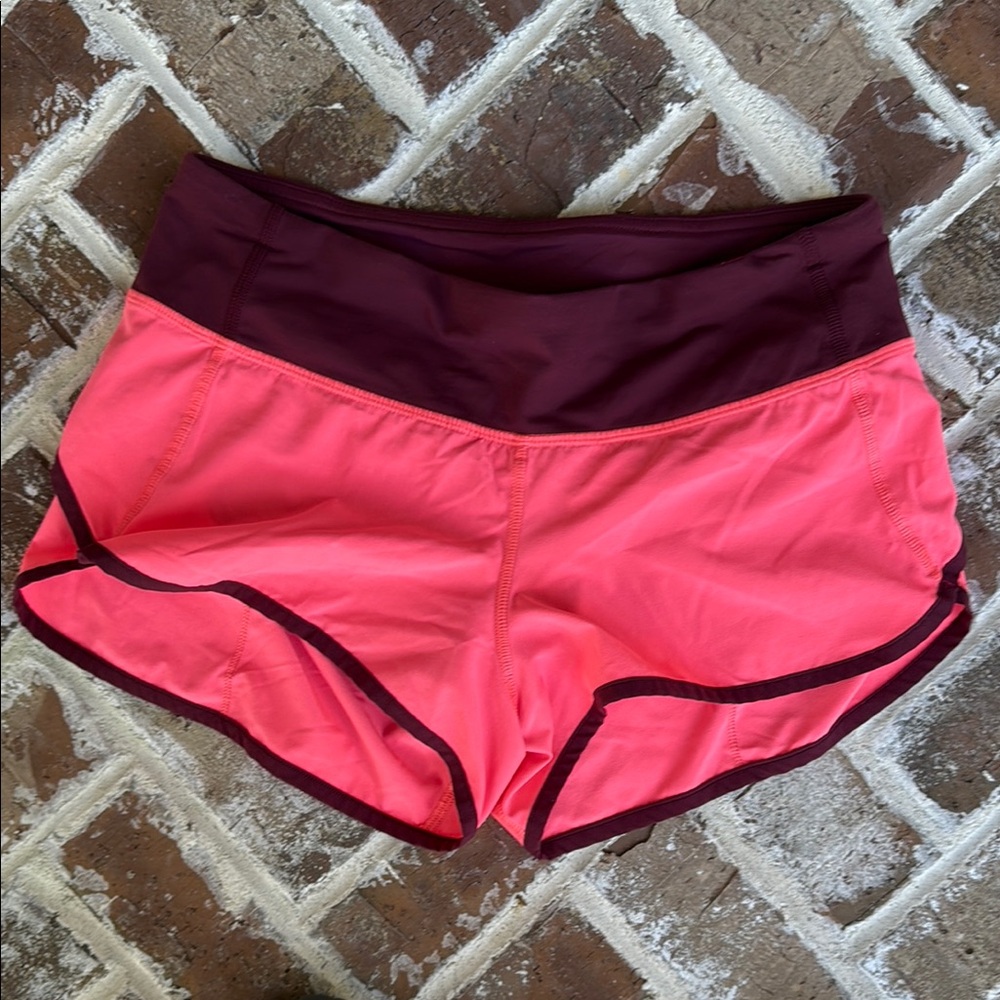 Women’s Lululemon Original Speed Shorts Coral and Burgundy Lined Shorts